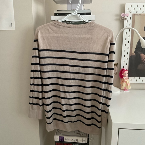Muji Knit Crew Neck Linen Sweater in Beige/Taro with Navy Stripes - Picture 5 of 5